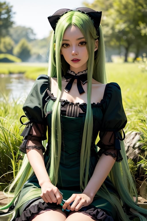 Beelzebub, demon girl, 1 girl, detailed face and eyes, green hair, (((very long green hair))), green fairy wings, black stockings, green dress, (((green lolita dress))), visual novel cg, in a swamp background, epic fantasty art, queen of hell, carmilla vampire, cerberus, infernal art in good quality, shadowverse style, ruler of disease, gehenna, giesha demon, isekai manga panel