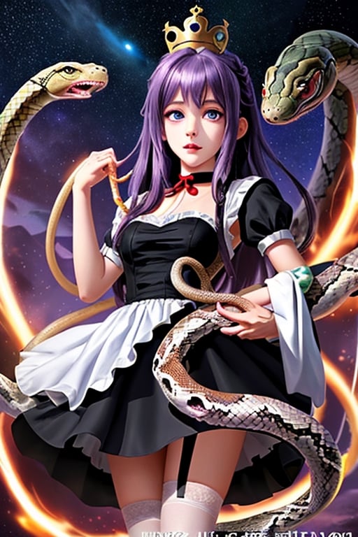 Ouroboros, snake girl, (((snake child))), 1 girl, detailed face and eyes,  very long purple ruriiro hair, starry eyes, black lolita dress, white stockings, purple tail, visual novel cg, in a chaos background, epic fantasty art, queen of time, infinite ouroboros, cycle, infernal art in good quality, shadowverse style, ruler of circulation, infinite, eternal cycle, isekai manga panel