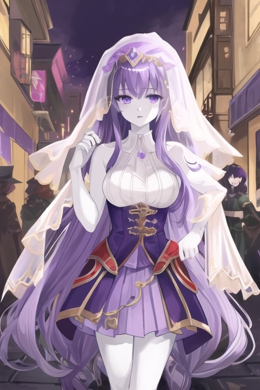 Nyog'Sothep, mist girl, 1 girl, detailed face and eyes, pale purple hair, (((very long pale purple hair))), purple veil, (((pale purple veil))), purple dress, (((pale purple gauze skirt))), purple mist around, visual novel cg, in a ancient city background, epic fantasty art, queen of mist, outer god, labyrinth, infernal art in good quality, shadowverse style, whisperer in darkness, maze, magnum innominandum, isekai manga panel