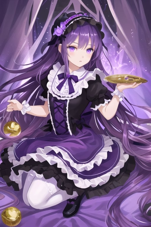 Yog-Sothoth, 1 girl, purple hair, (((very long dark purple hair))), ruriiro eyes, lolita dress, (((purple lolita dress))), white stockings, purple shoes, lights ball around, visual novel cg, in a area full of pale purple light background, epic fantasty art, queen of god, cerberus, infernal art in good quality, shadowverse style, ruler of inferno, gehenna, isekai manga panel