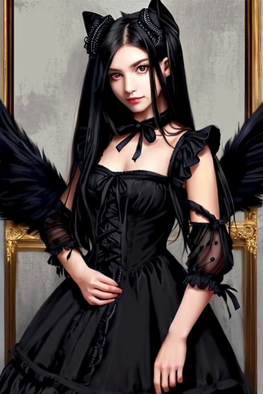 Satan, dark angel girl, 1 girl, detailed face and eyes, black hair, (((very long black hair))), black horns, black feathers wings, black stockings, black dress, (((black lolita dress))), visual novel cg, in a dungeon background, epic fantasty art, queen of hell, carmilla vampire, cerberus, infernal art in good quality, shadowverse style, ruler of inferno, gehenna, giesha demon, isekai manga panel