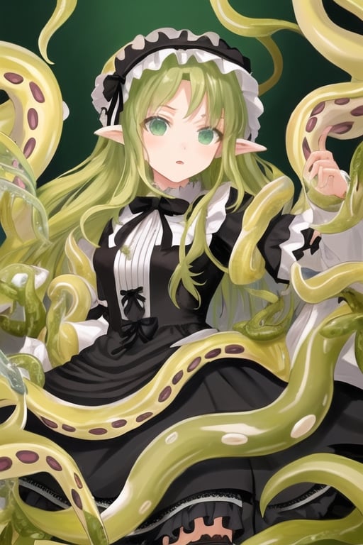 Abhoth, slime girl, 1 girl, detailed face and eyes, green hair, (((very long green hair))), green tentacles, (((green tentacles))), black dress, (((black lolita dress))), visual novel cg, in a dungeon background, epic fantasty art, source of miscreation, mud mass, chimera, infernal art in good quality, shadowverse style, source of abomination, simple-minded, ultimate mistake, isekai manga panel