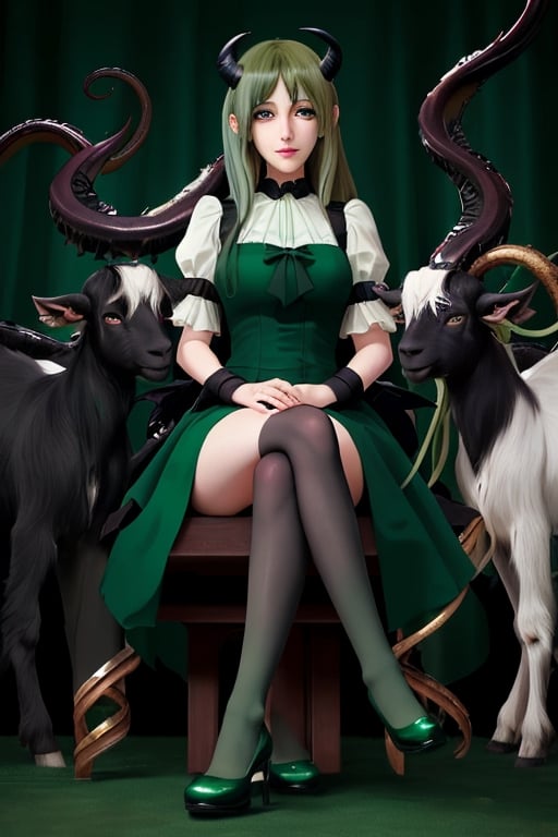 Shub-Niggurath, the Mother of black goats, 1 girl, detailed face and eyes, green hair, (((dark green hair))), golden eyes, (((golden eyes))l, goats horns, bat wings, (((green bat wings))), tentacles, (((green tentacles))), green lolita dress, white stockings, green shoes, sitting on back goats, surrounded by black goats, visual novel cg, in a dungeon background, epic fantasty art, the Mother of black goats, cerberus, infernal art in good quality, shadowverse style, ruler of chaos, gehenna, isekai manga panela