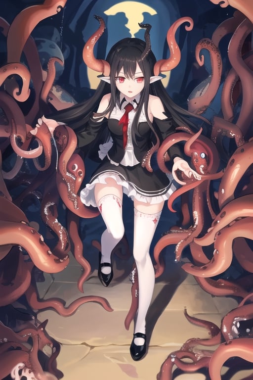 Nyarlathotep, 1 girl, detailed face and eyes, very long black hair, red eyes, black lolita dress, white stockings, black shoes, black tentacles, (((black tentacles))), visual novel cg, in a dungeon background, epic fantasty art, queen of chaos, outer god, cerberus, infernal art in good quality, shadowverse style, ruler of shadow, gehenna, evil god, isekai manga panel