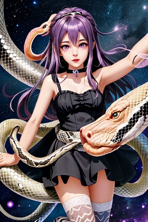 Ouroboros, snake girl, (((snake child))), 1 girl, detailed face and eyes,  very long purple ruriiro hair, starry eyes, black lolita dress, white stockings, purple tail, visual novel cg, in a chaos background, epic fantasty art, princess of time, infinite ouroboros, cycle, infernal art in good quality, shadowverse style, ruler of circulation, infinite, eternal cycle, isekai manga panel