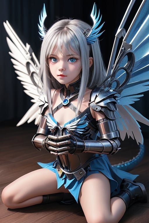 Albion, dragon girl, child, (((child))), 1 girl, detailed face and eyes, very long silver hair, metal horns, blue eyes, wings, (((metal wings))), very sexy silver and blue armour, metal gloves, metal shoes, metal tail, visual novel cg, in a warfield background, epic fantasty art, queen of machine, dragon child, infernal art in good quality, shadowverse style, ruler of androids, cyberpunk, futuristic machine, isekai manga panel