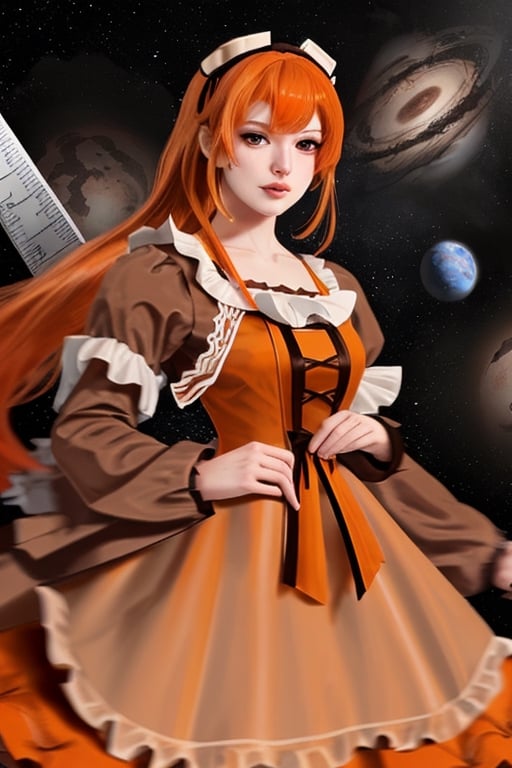 Ghroth, planet girl, 1 girl, detailed face and eyes, orange hair, (((very long orange hair))), grey eyes, white stockings, brown red dress, (((brown red lolita dress))), brown death planet with silver eyes on hands, visual novel cg, in a space background, epic fantasty art, maker of the Doom, Nemesis Star, Alcor, infernal art in good quality, shadowverse style, ruler of inferno, harbinger, big alarm, isekai manga panel