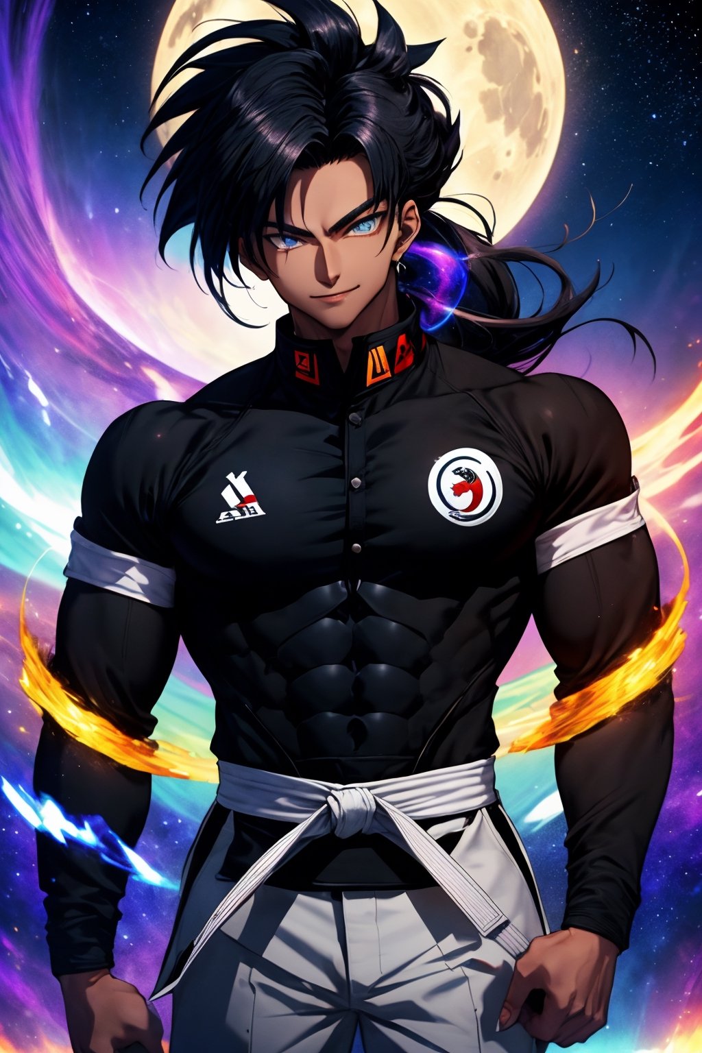 
Highly detailed.High Quality.Masterpiece. Beaitiful (médium long shot).

Young man, 25 years old, brown skin, tall and with a great physique (muscular), with an appearance similar to Tohru's (if he were a man). She has jet black hair (crezpo) tied in a (very small) ponytail, and has messy bangs with a purple gradient to the side strands. He has large, slightly slanted, light blue eyes. He wears a light gray jacket with the Capsule Corporation logo on the left sleeve, a red belt (a taekwondo one). He wears a black tank top under his jacket and dark gray pants (very dark). He is alone, but with a happy smile on his face enjoying a beautiful night of moon and bright stars in the sky. In addition to having an aura around him that is mostly blue with violet details on the edges (an aura in the style of Saiyajin's divine transformations).