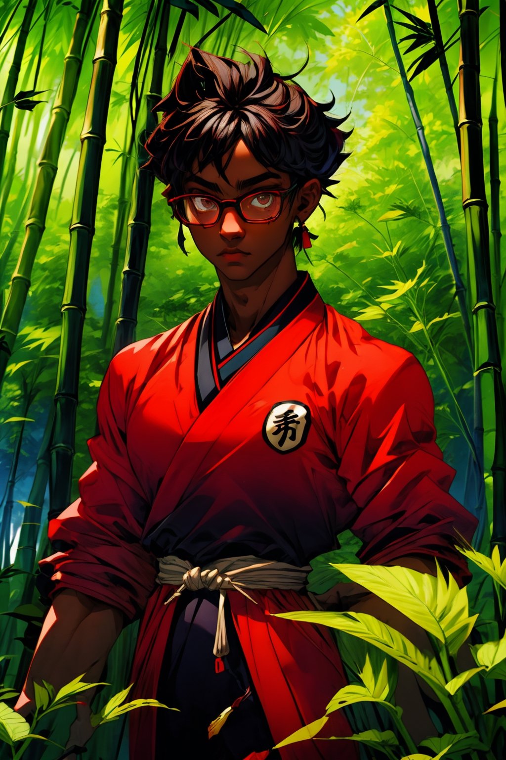 
Attractive man, tall, muscular, dark skin, black and short hair, good physique, wears glasses, with mostly red clothing (like a scholar uniforme). (médium long shot). With a kyoto bamboo forest as a background, High resolution.
