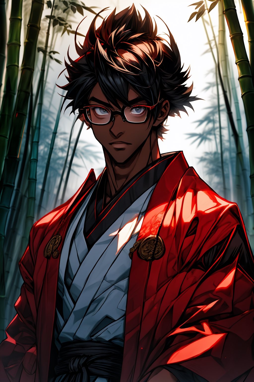 
Attractive man (25 years), tall, muscular, dark skin, black and short hair, good physique (muscular), wears glasses, with mostly red clothing (like a scholar uniforme). (médium long shot). With a kyoto bamboo forest as a background, High resolution.
