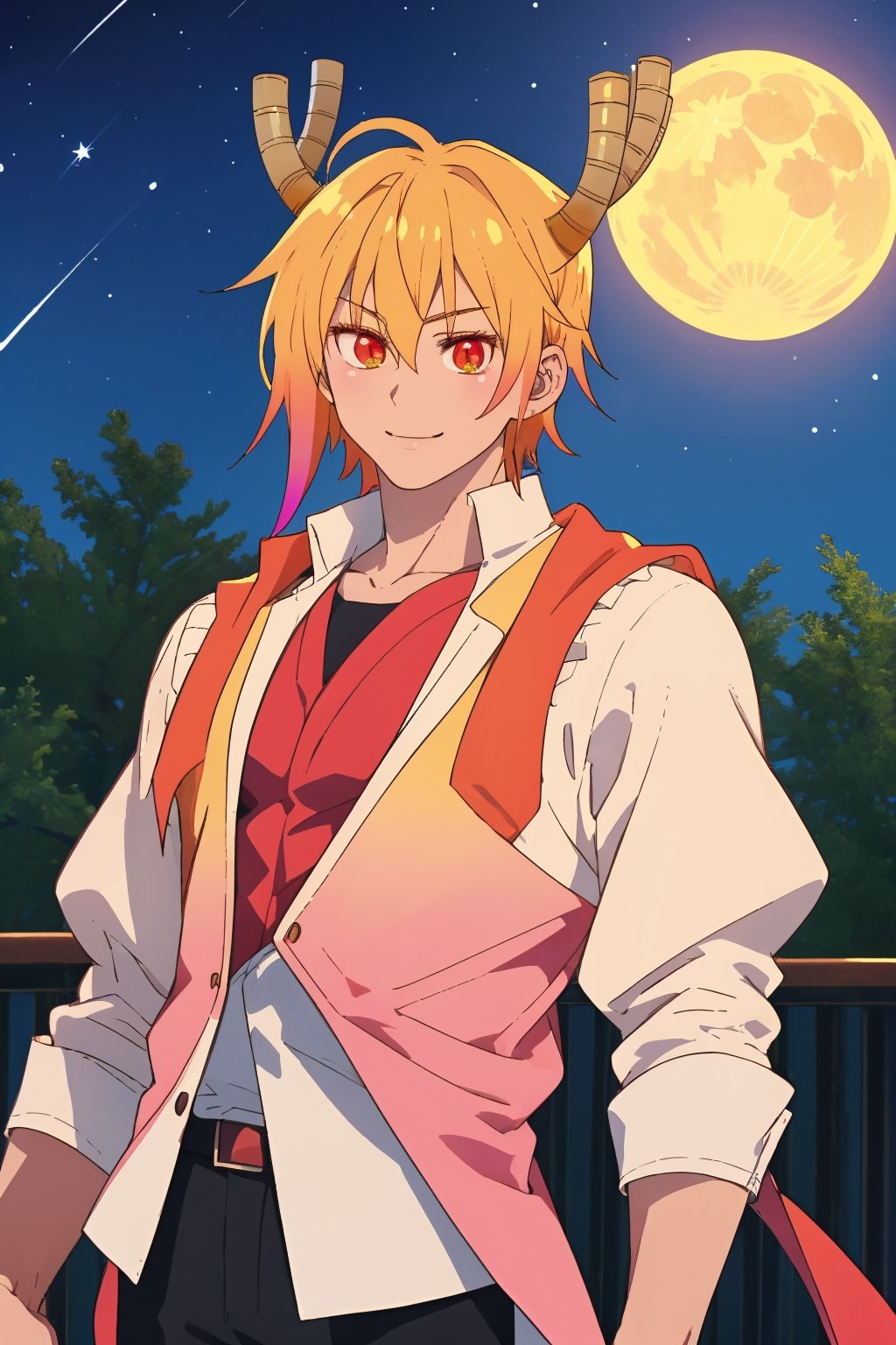 
Highly detailed.High Quality.Masterpiece. Beaitiful (medium shot).

Young man of 20 years old (similar to Tohru), with tanned skin, tall and with a great physique (muscular). He has short blonde hair and messy bangs with an orange gradient with pink tips on the side strands, with a hairstyle similar yo Goku. It has large, slightly slanted, orange-red eyes (bright and well detailed). Basically his shirt and suit is like Tohru's, but he's a man, and black pants. He is alone, with a light and cheerful smile on his face enjoying a beautiful night of moonlight and bright stars in the sky.