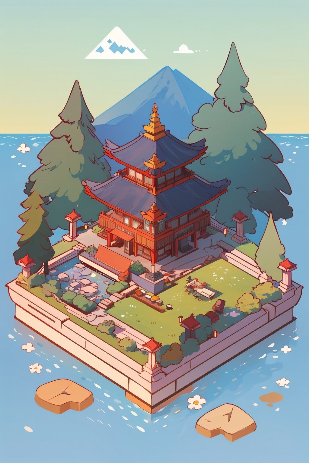 pagoda, mountains, garden, architecture, isometric, water, ancient, trees, isometric