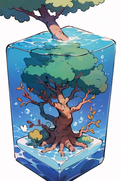tree in water cube, isometric, white background