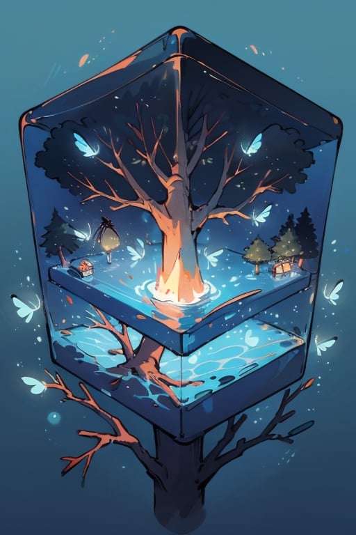 tree in water cube, isometric, blue glowing background,firefliesfireflies