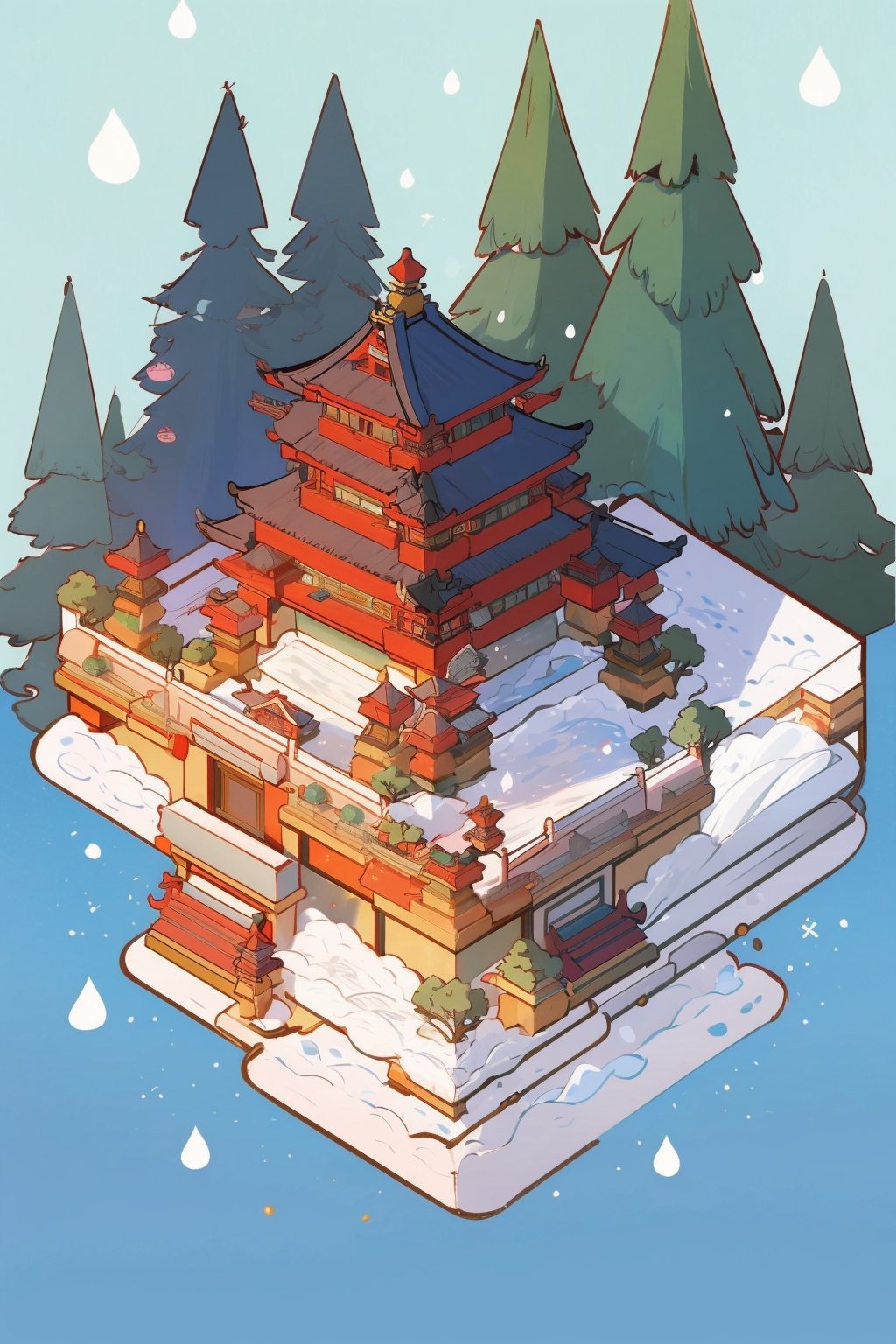 snow on pagoda, garden, architecture, isometric, winter, mountains, water, chinese, ancient, trees