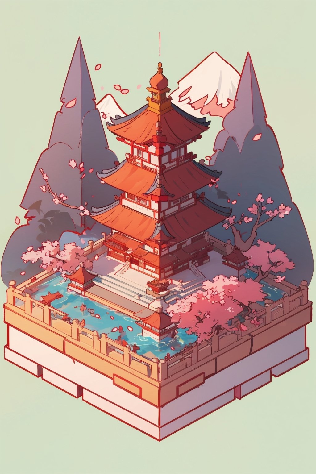 pagoda, garden, architecture, isometric, water, cherry blossoms, mountains, chinese, ancient, trees