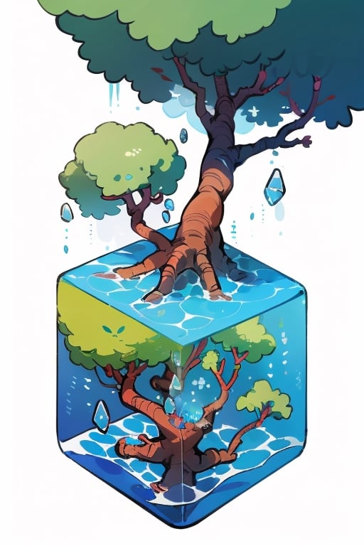 tree in water cube, isometric, white background