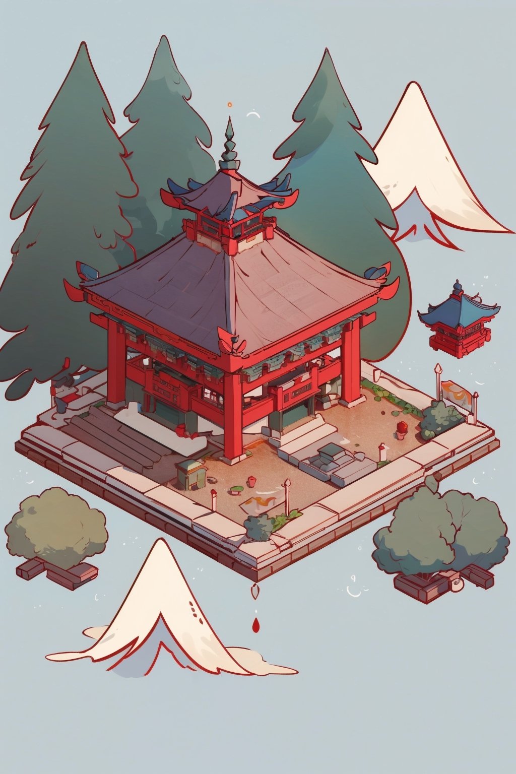 pagoda, mountains, garden, architecture, isometric, water, chinese, ancient, trees, isometric