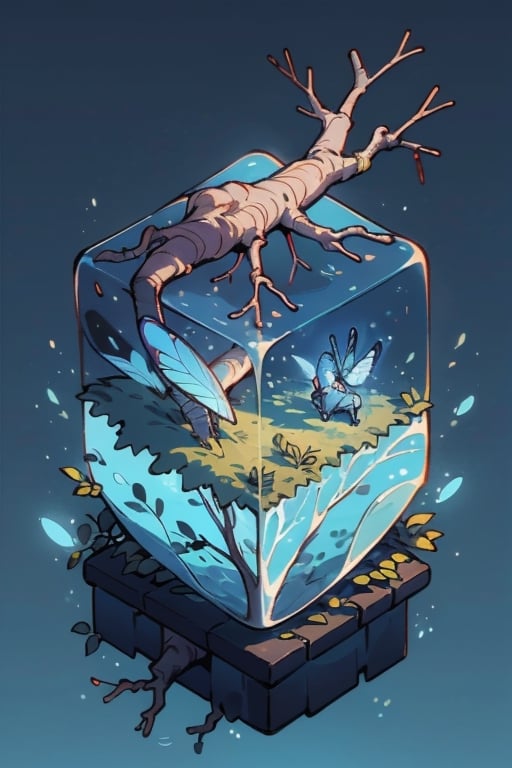 leafy tree in water cube, isometric, blue glowing background, firefliesfireflies