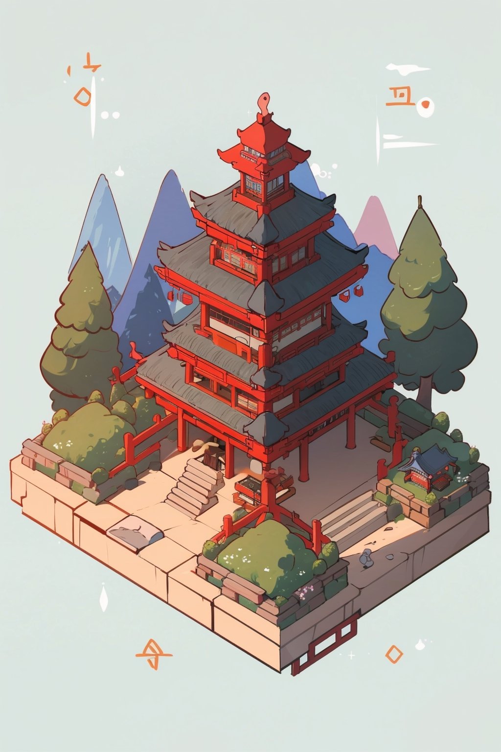 pagoda, mountains, garden, architecture, isometric, water, chinese, ancient, trees, japanese, korean, isometric