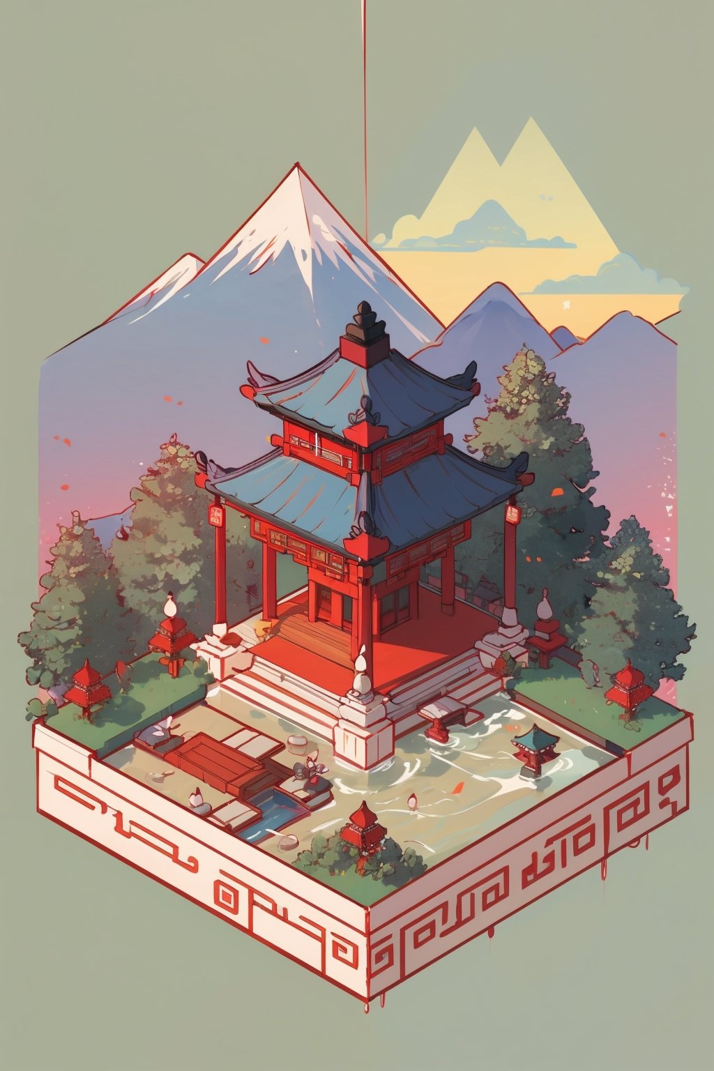 pagoda, garden, architecture, isometric, water, mountains, chinese, ancient, trees