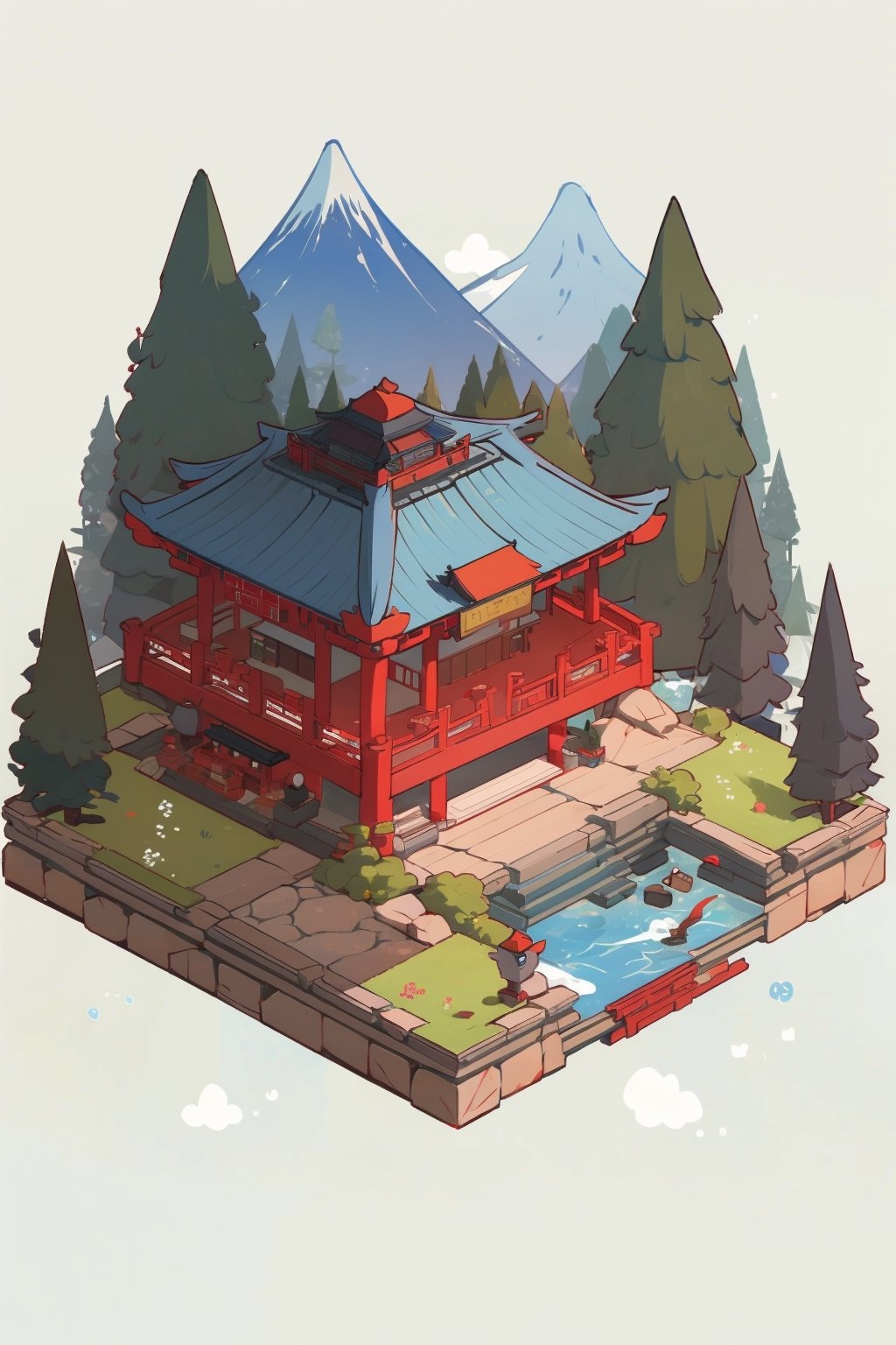 pagoda, mountains, garden, architecture, isometric, water, chinese, ancient, trees, japanese, korean, isometric