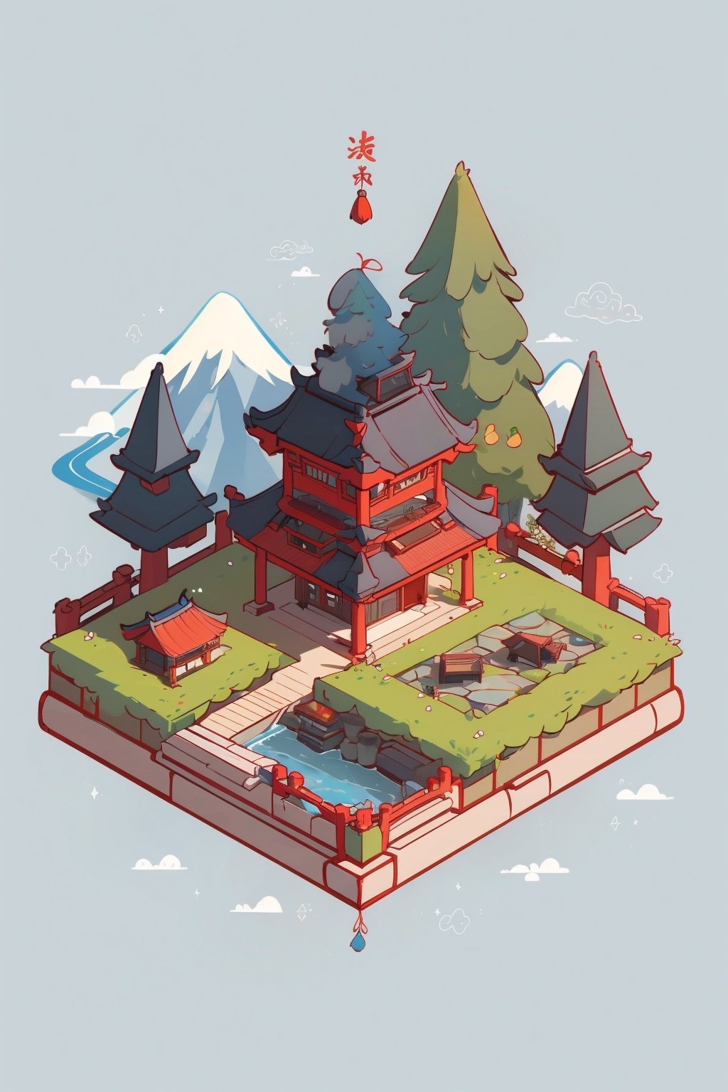 pagoda, mountains, garden, architecture, isometric, water, chinese, ancient, trees, isometric