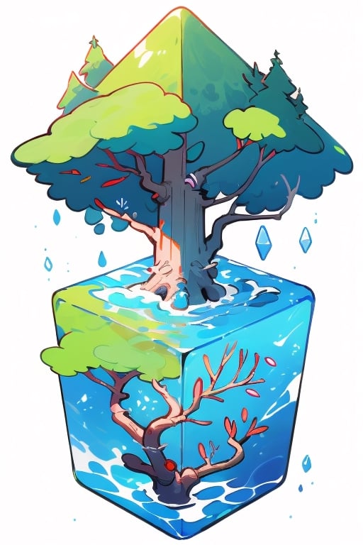 tree in water cube, isometric, white background