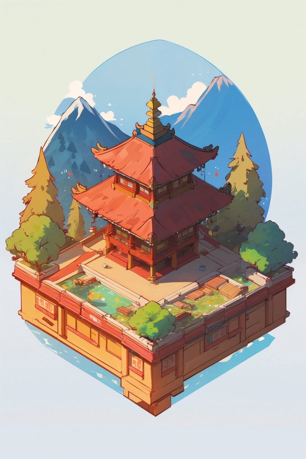 pagoda, mountains, garden, architecture, isometric, water, ancient, trees, isometric