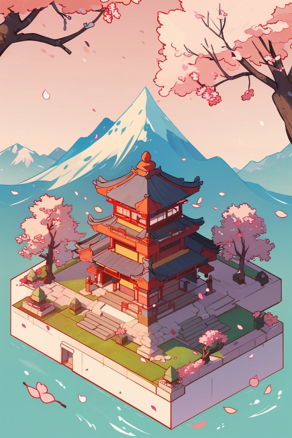 pagoda, garden, architecture, isometric, water, cherry blossoms, mountains, chinese, ancient, trees