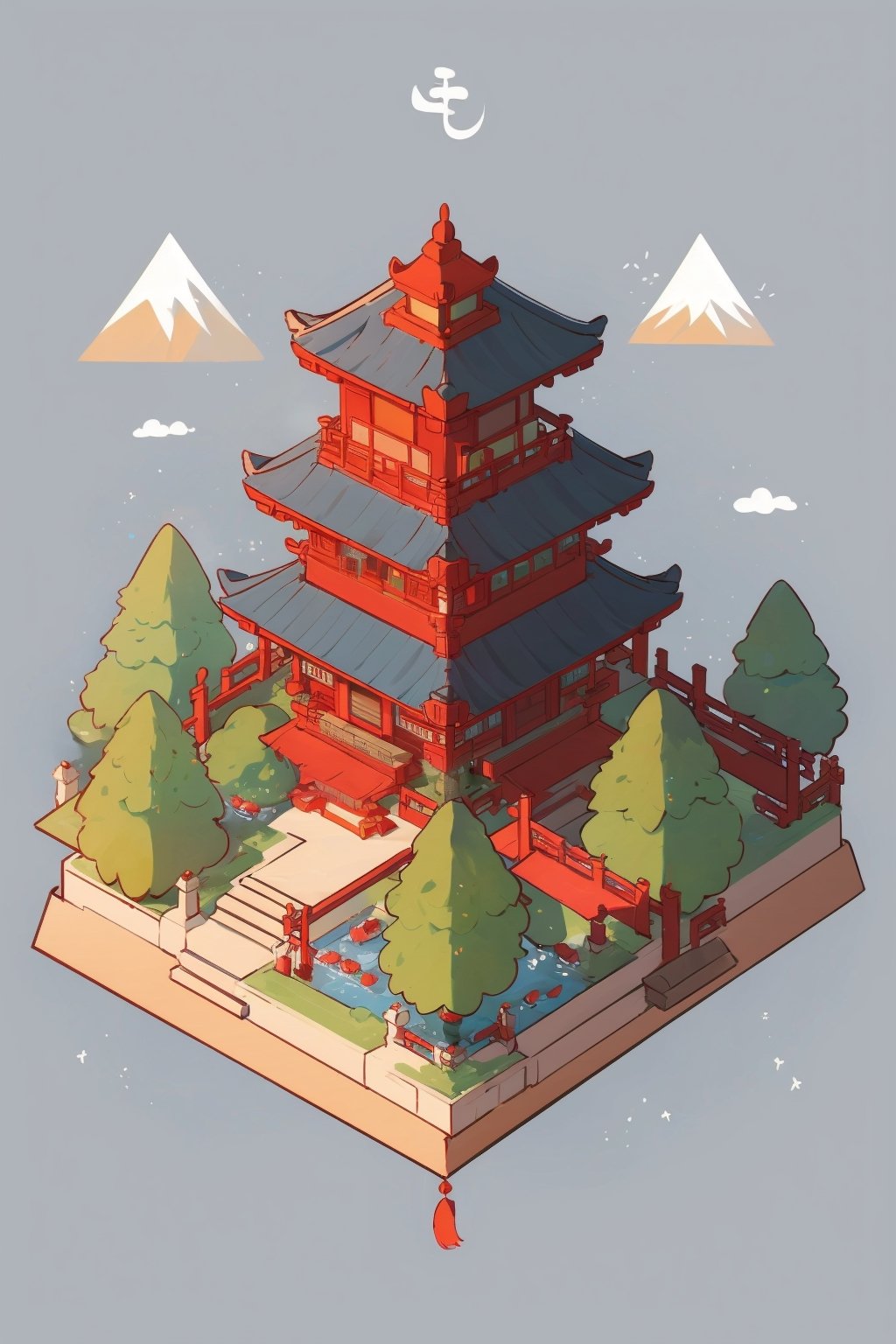 pagoda, mountains, garden, architecture, isometric, water, chinese, ancient, trees, isometric