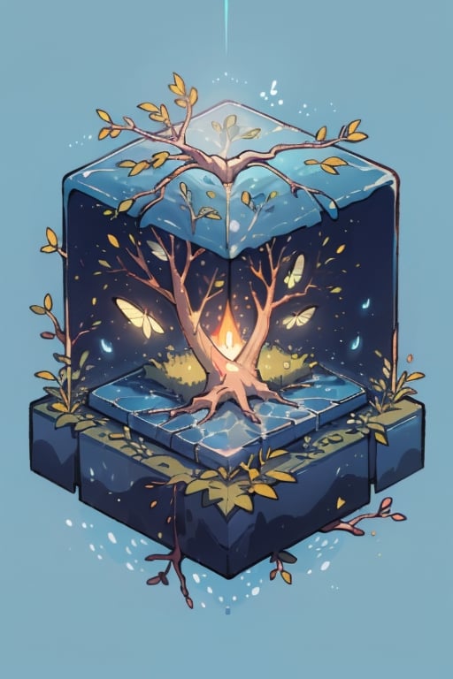 leafy tree in water cube, isometric, blue glowing background, firefliesfireflies