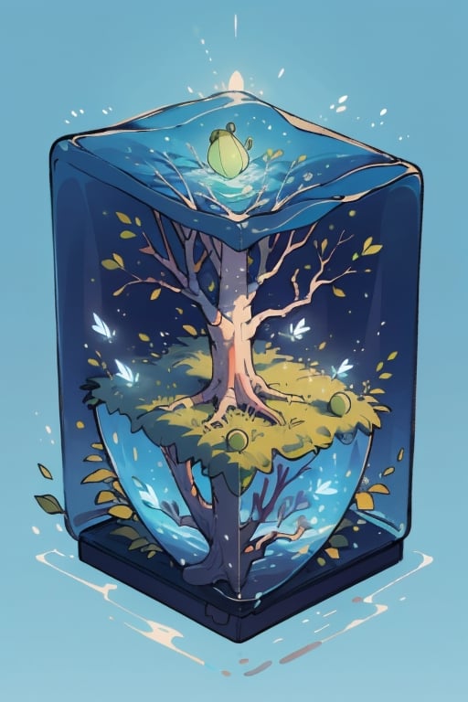 leafy tree in water cube, isometric, blue glowing background, firefliesfireflies