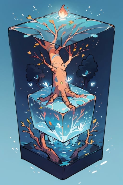 tree in water cube, isometric, blue glowing background, firefliesfireflies