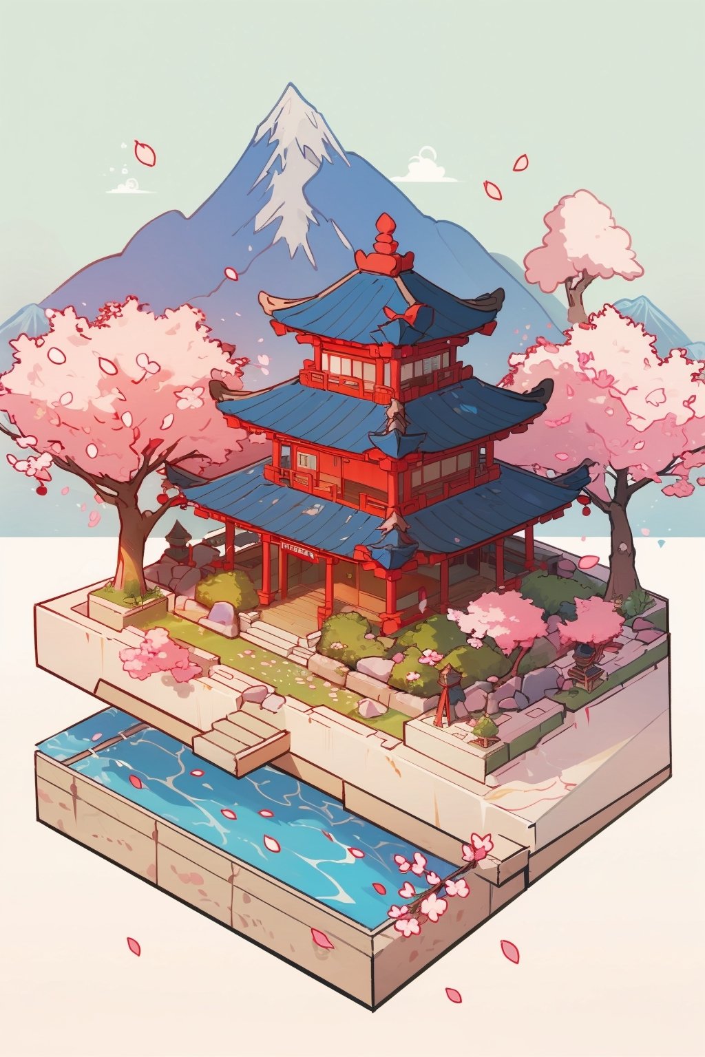 pagoda, garden, architecture, isometric, water, cherry blossoms, mountains, chinese, ancient, trees