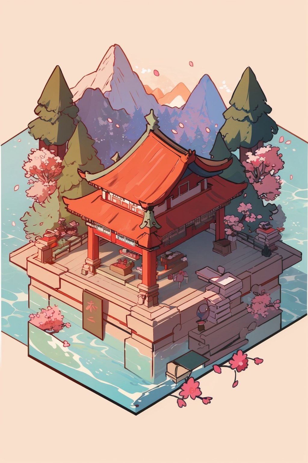 pagoda, garden, architecture, isometric, water, cherry blossoms, mountains, chinese, ancient, trees