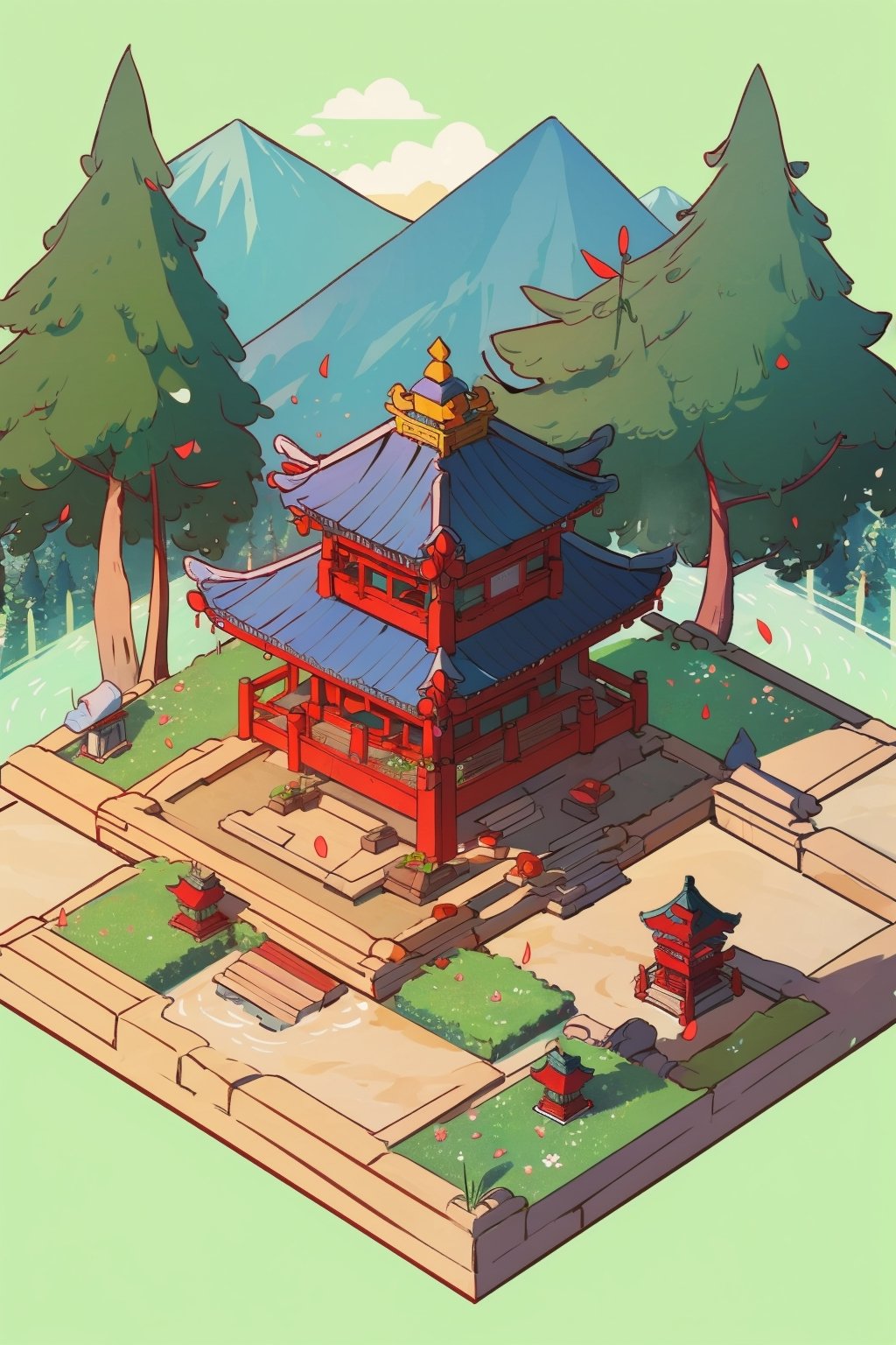 pagoda, garden, architecture, isometric, water, mountains, chinese, ancient, trees