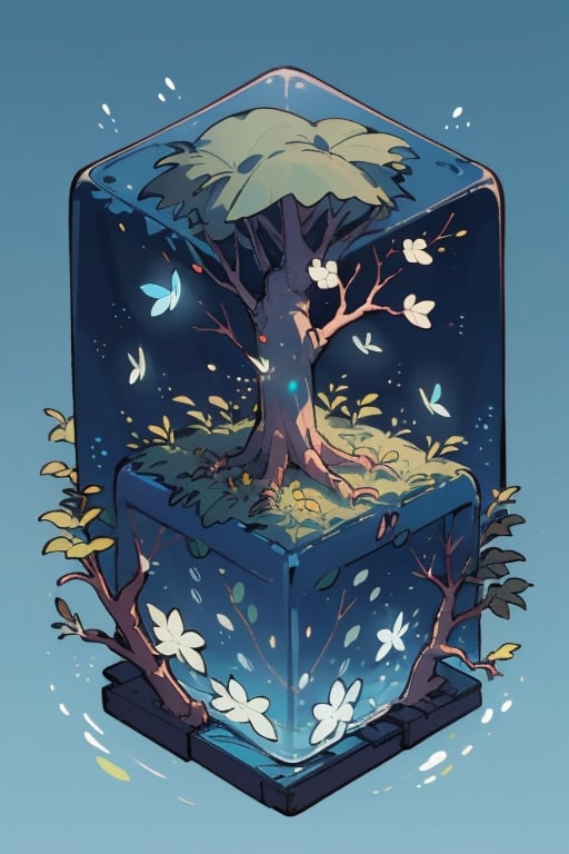 leafy tree in water cube, isometric, blue glowing background, firefliesfireflies