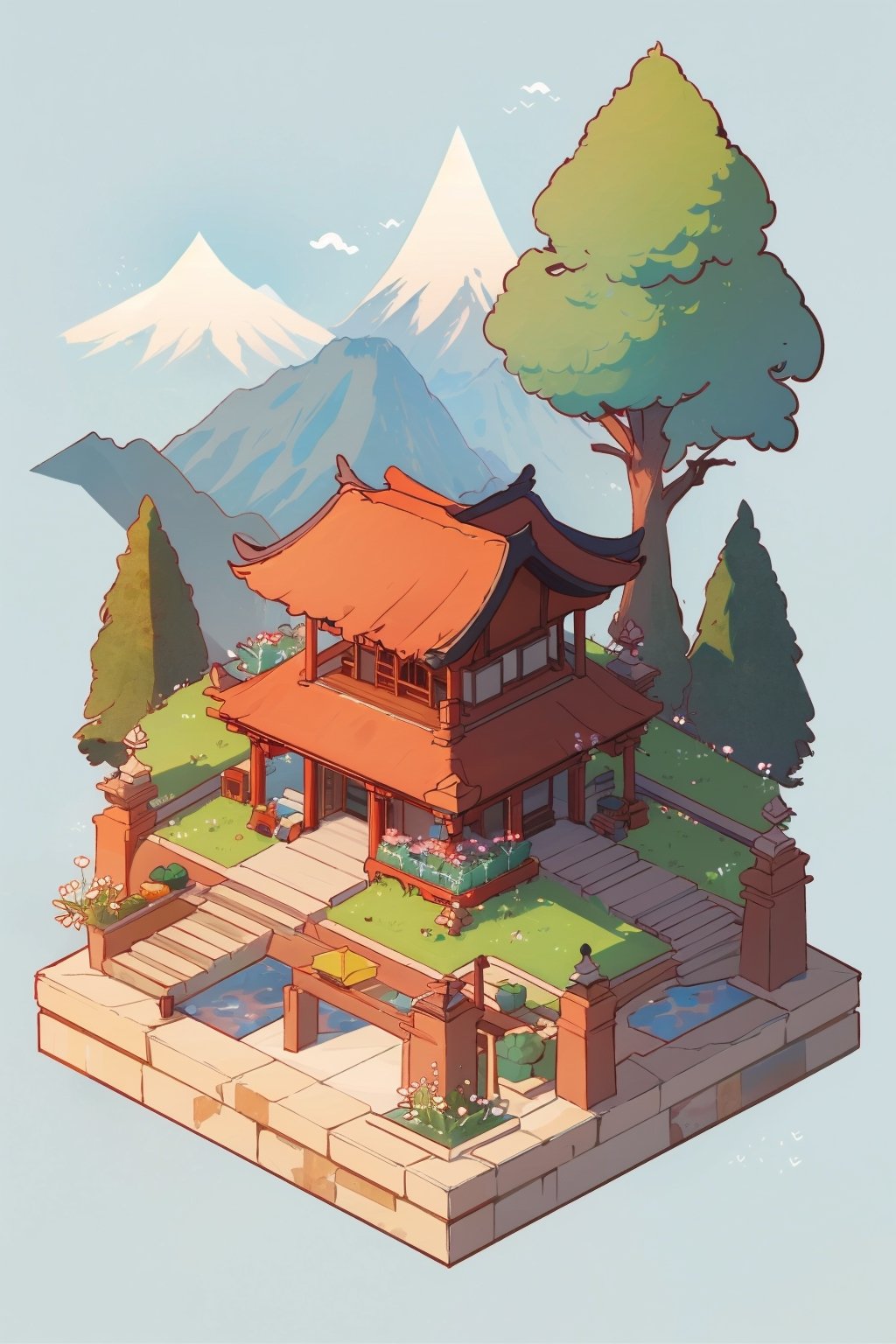 pagoda, mountains, garden, spring, architecture, isometric, water, ancient, trees, isometric