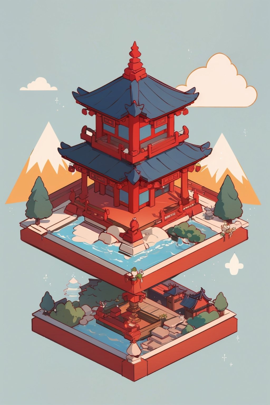 pagoda, garden, architecture, isometric, water, mountains, chinese, ancient, trees