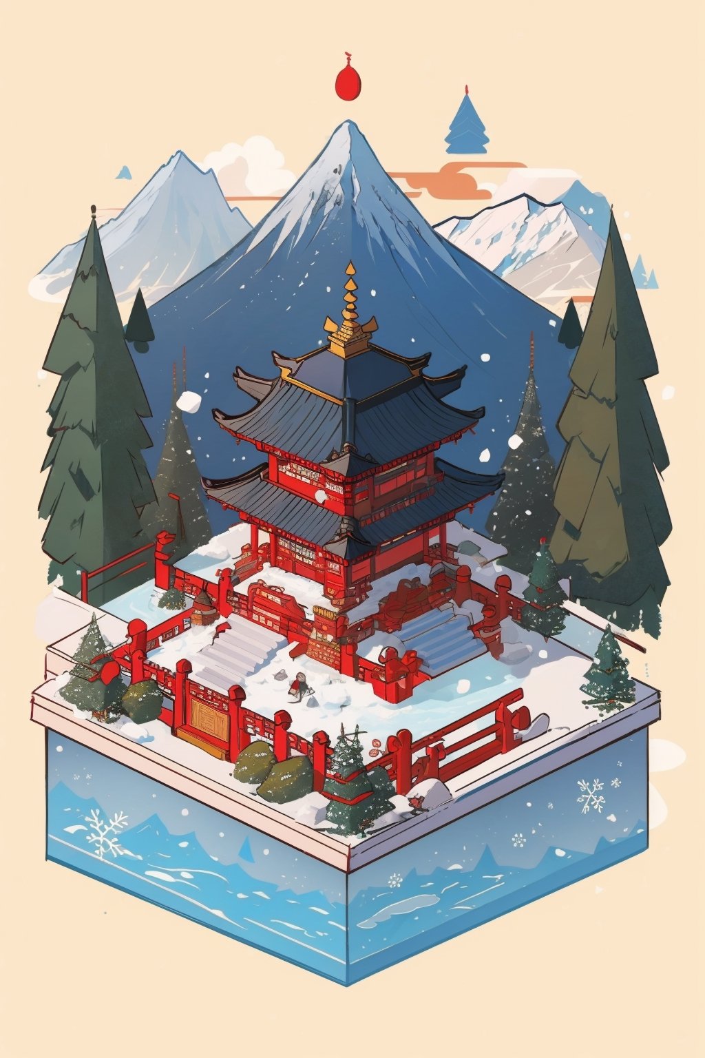 snow on pagoda, garden, architecture, isometric, winter, mountains, water, chinese, ancient, trees