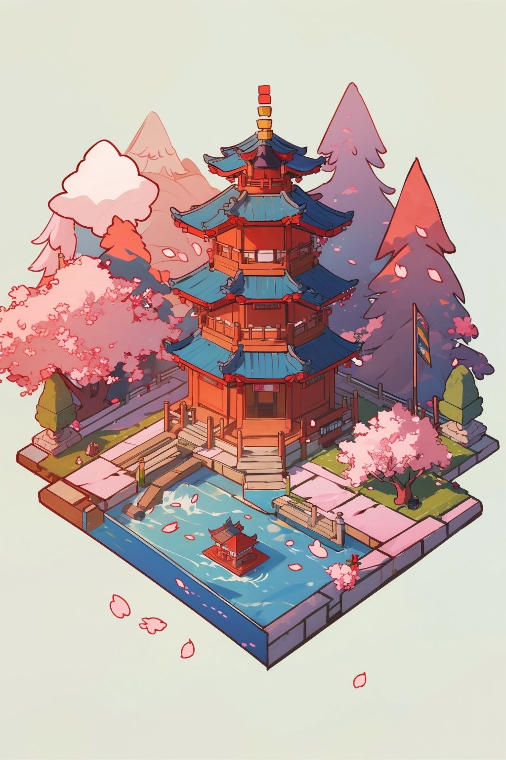 pagoda, garden, architecture, isometric, water, cherry blossoms, mountains, chinese, ancient, trees