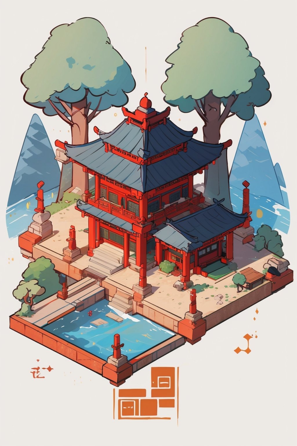 pagoda, mountains, garden, architecture, isometric, water, chinese, ancient, trees, isometric