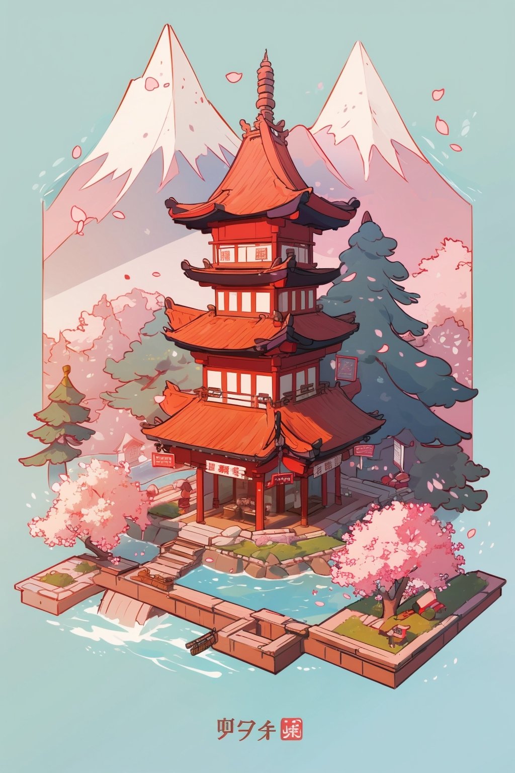 pagoda, garden, architecture, isometric, water, cherry blossoms, mountains, chinese, ancient, trees