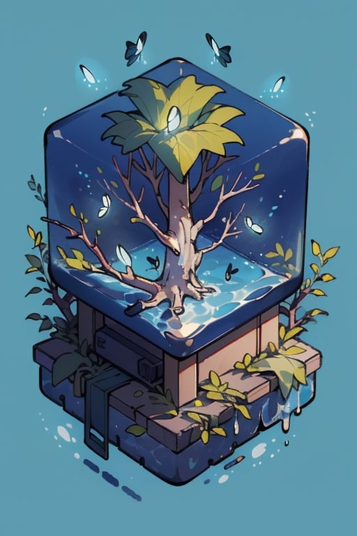 leafy tree in water cube, isometric, blue glowing background, firefliesfireflies