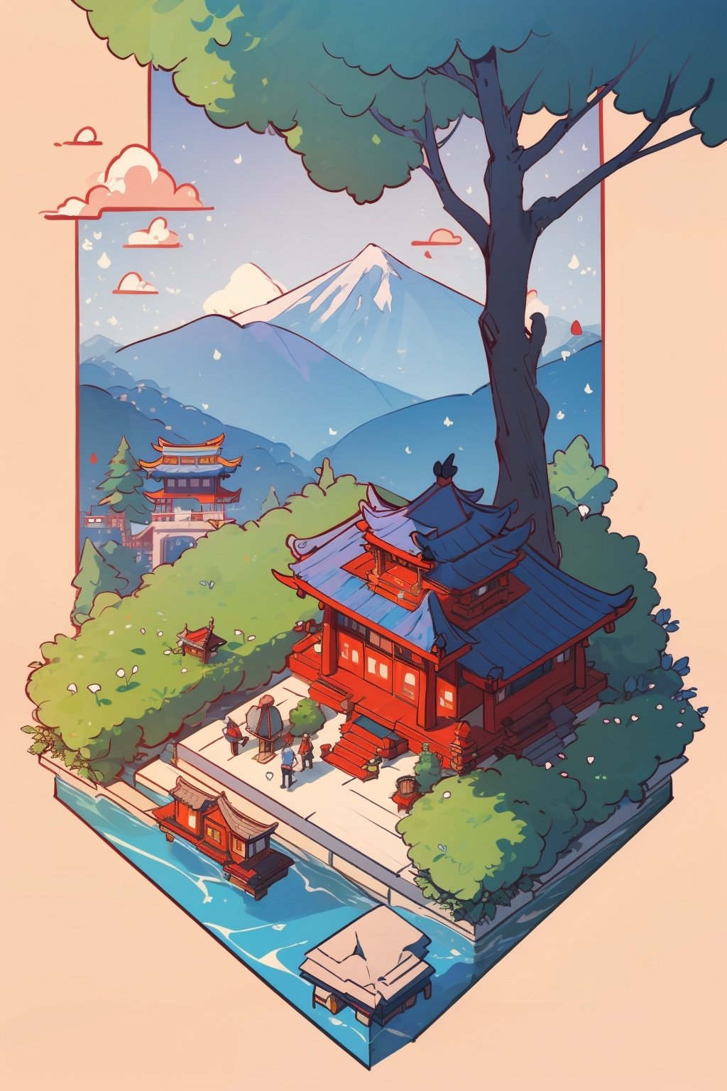 pagoda, mountains, garden, architecture, isometric, water, ancient, trees, isometric