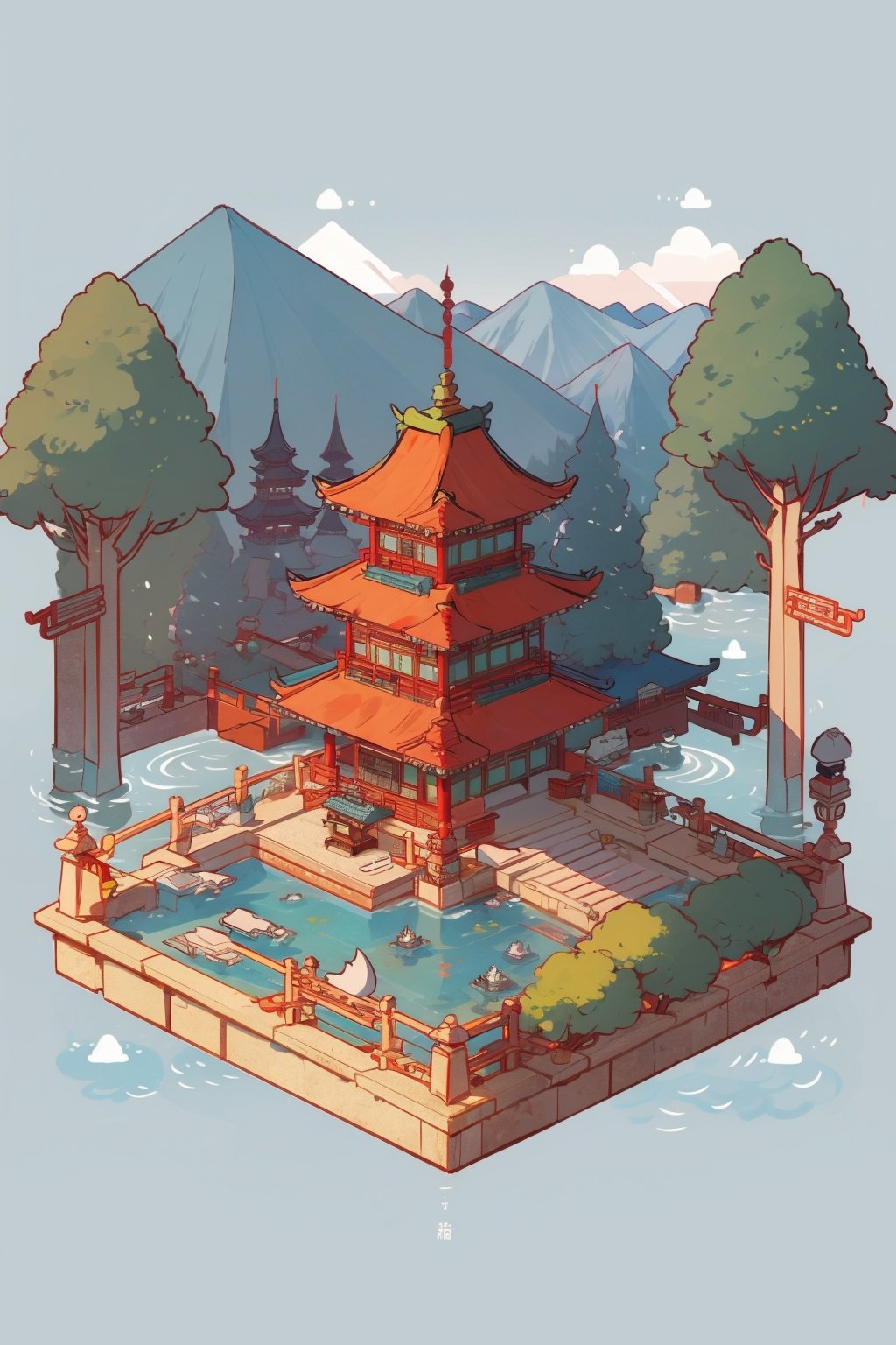 pagoda, garden, architecture, isometric, water, mountains, chinese, ancient, trees