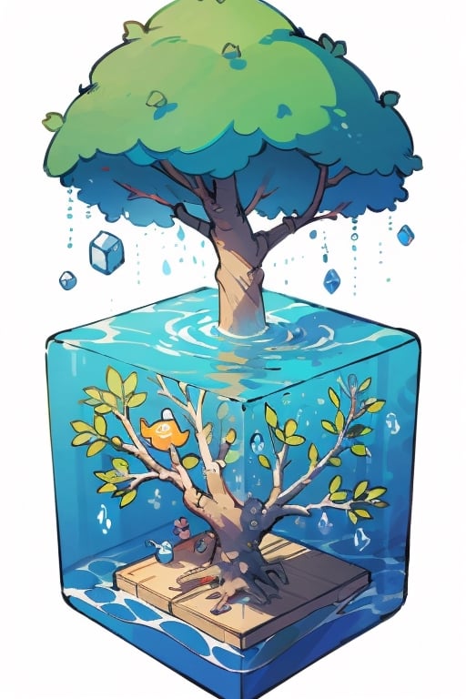 tree in water cube, isometric, white background