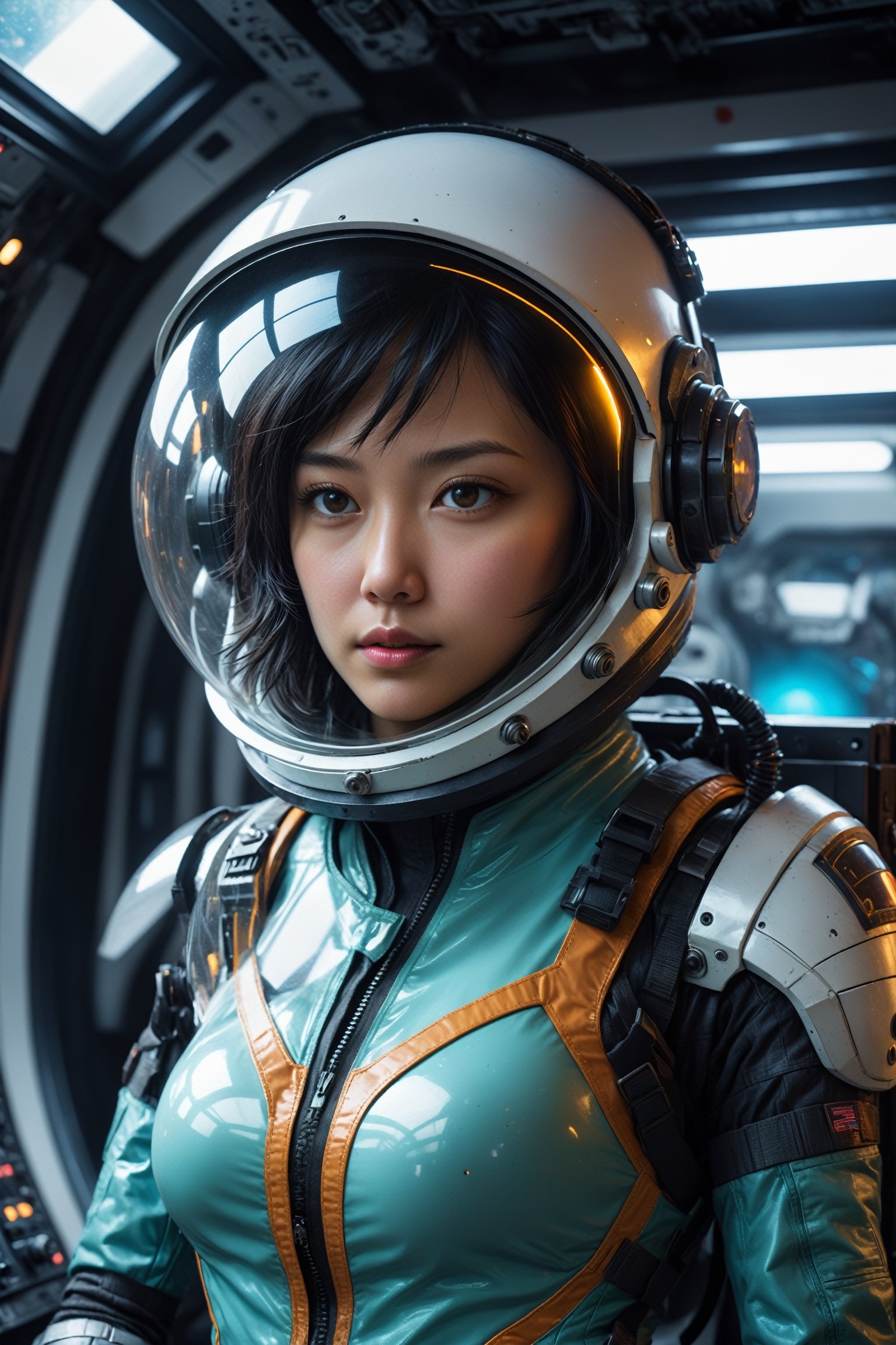 HONG KONG Girl ((September Ai)) with brown colour skin, AQUA short messy hair, breathtaking close up photorealism photo of Caucasian woman with black hair wearing mech suit indoors (on alien spaceship) by Craig Davison, Dave Dorman, and Drew Struzan, symmetrical outfit. patch panels, computers, buttons, switches, screen, window with a view of outer space. wearing bubble helmet, face visible. high quality, photorealism, chromatic aberration, lens distortion, sharp focus, highest detail.
