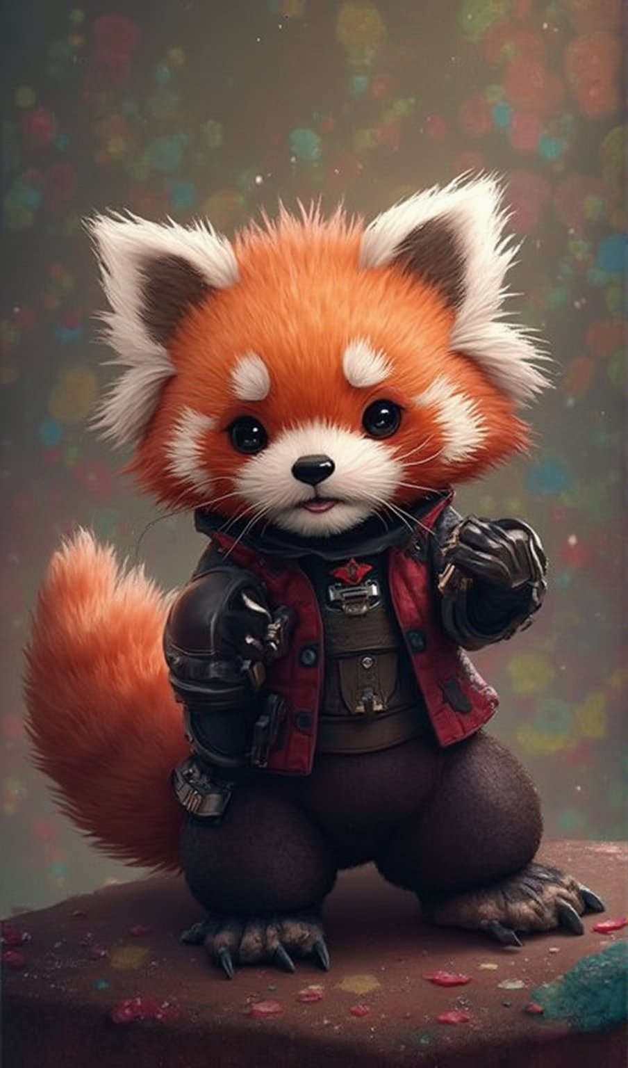 Cute little red panda, cyberpunk, playfull, happy,  cuteness overload, masterpiece, small centered composition, product shot, wallpaper art, Rule of Thirds, delicate, lovable, tiny, best, dynamic composition, magnificent, intense, perfect background, kawaii